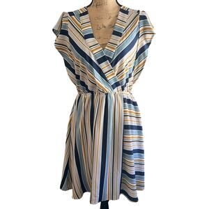 Monteau LA Blue Striped Faux Wrap Dress Size XL Midi Deep Vneck Coastal Prep